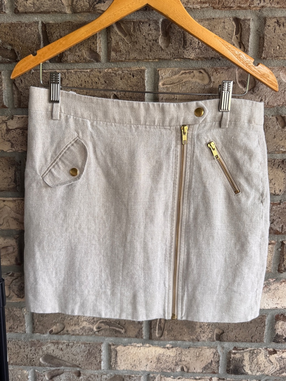 Crew Linen Zip Front Mini Skirt Size 4 Beige Utility Safari Gold Hardware 50962